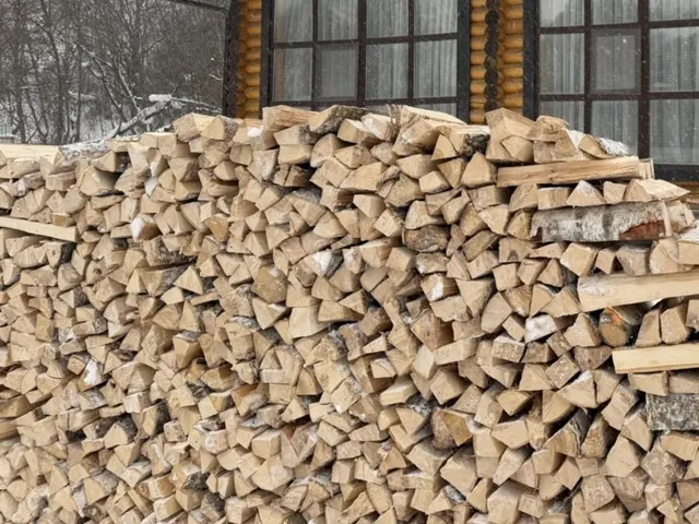 Аккуратно сложенная поленница у сруба бани Чибис